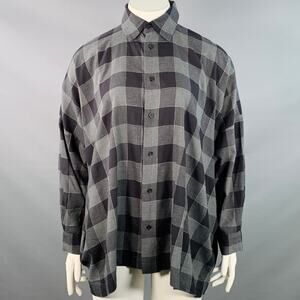 ESKANDAR Size L Black Charcoal Cotton Oversized Checkered Point Collar Shirt